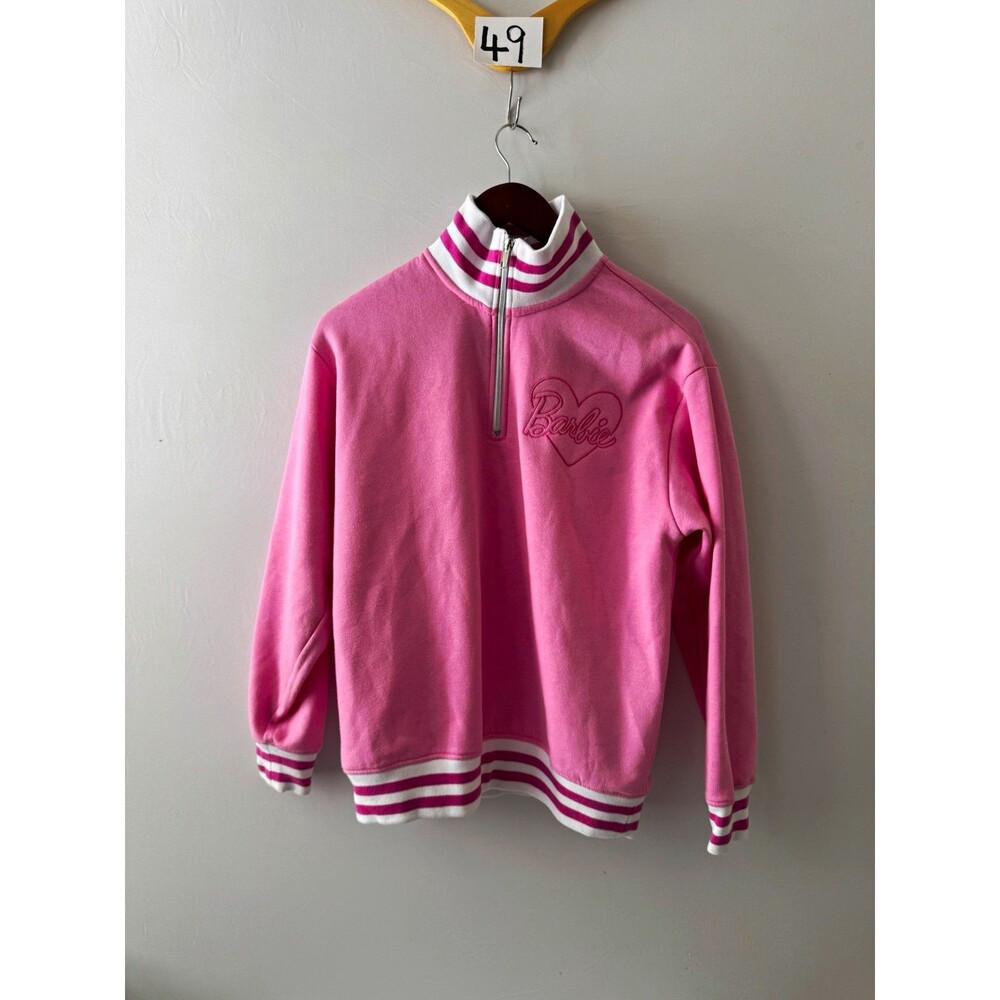 Barbie 1/4 Zip Fleece Sweatshirt Womens M Pink White Heart Logo Mock Neck